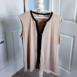 Calvin Klein Tan/creme sleeveless top with black leather and gold.